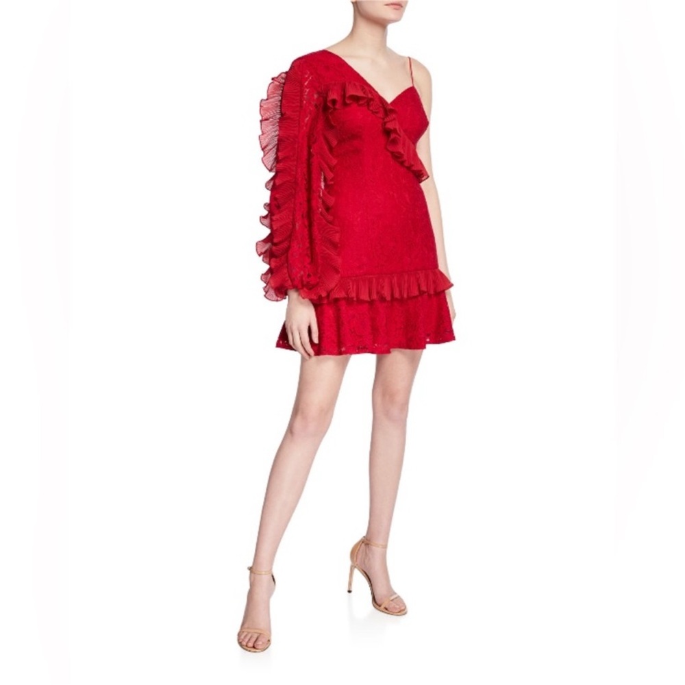 Keepsake Lace One Shoulder Ruffle Mini Dress in Red Size‎ XS